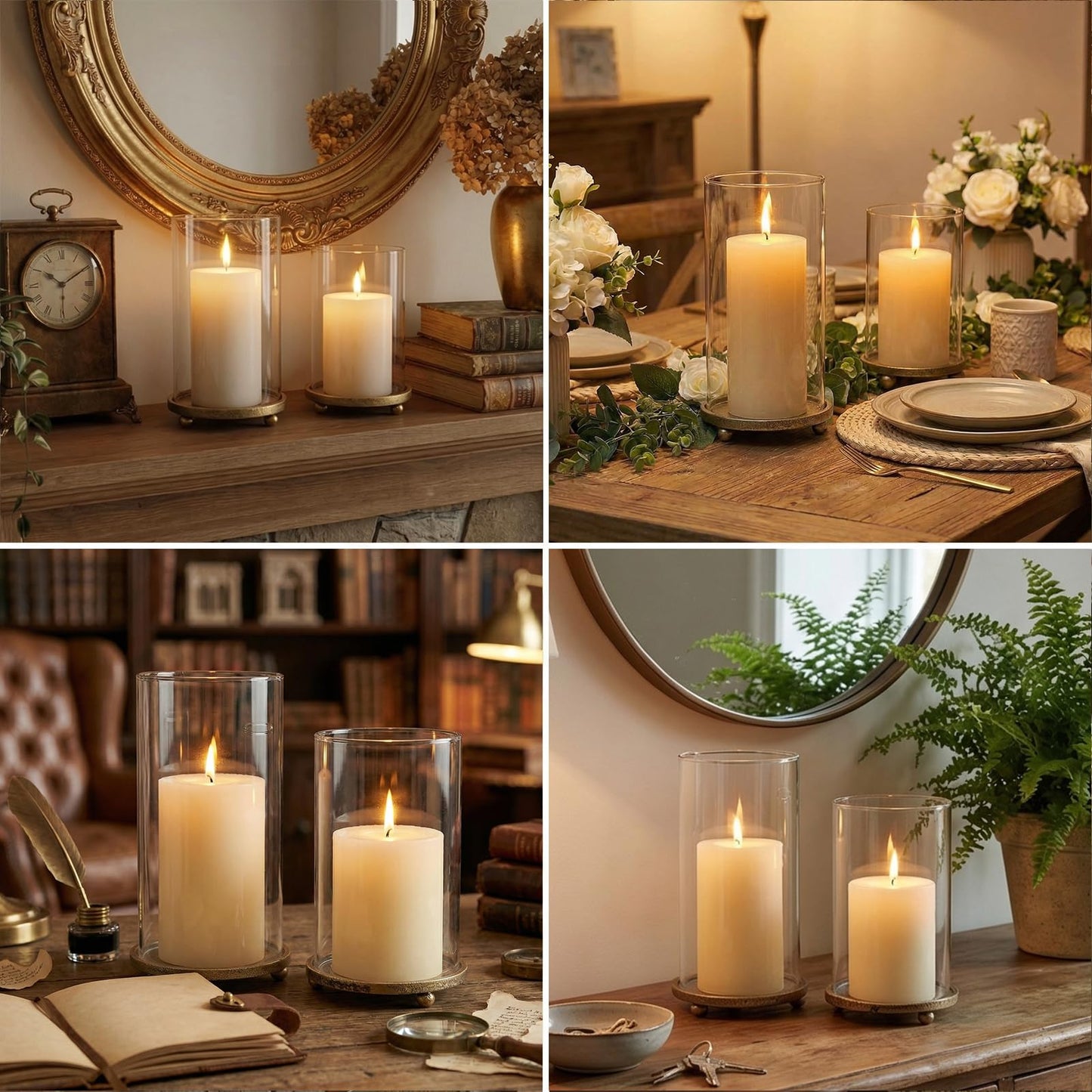 Hurricane Candle Holders Set of 2 - Pillar Candle Stands with Glass Sleeves for Fireplace Mantel & Dining Table Centerpiece Decor (Gold)