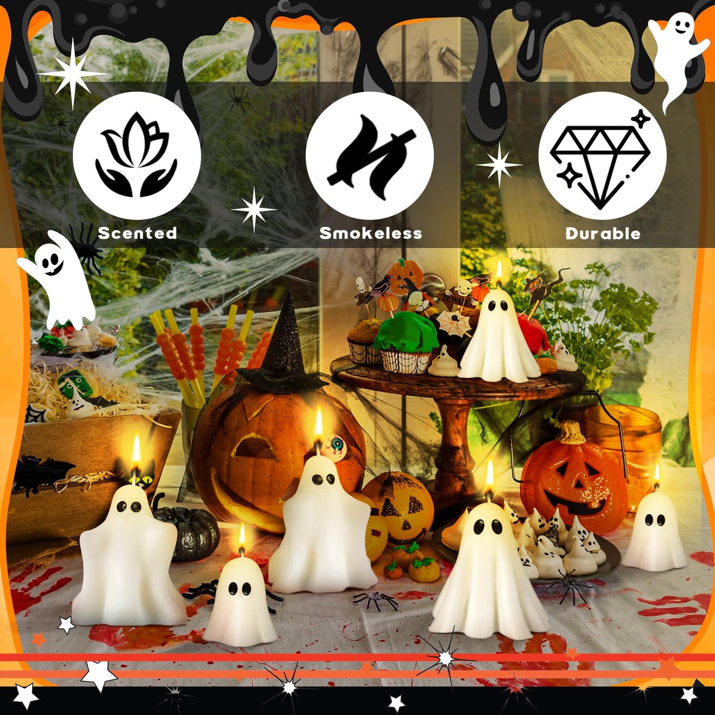 Conelist 6 Pieces Halloween Large Ghost Candles White Spooky Scented Halloween Candles Horror Gifts Candle Tea Lights Goth Room Decor for Summer Dining Table Party Bedroom(Classic Style,White)