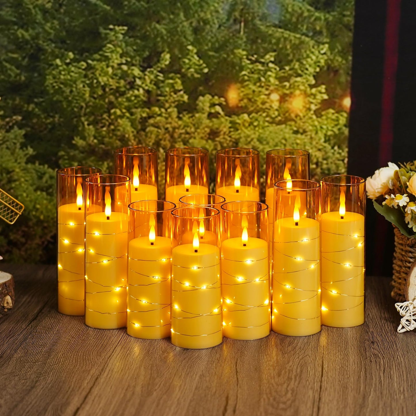 Sasigeiaa Flameless Candles with Embedded Star String - Battery Operated LED Candles, with Remote,12 Gold Flickering Candles for Christmas, Weddings, Home Decor & Party,(D 2.3"×H 5" 6" 7")