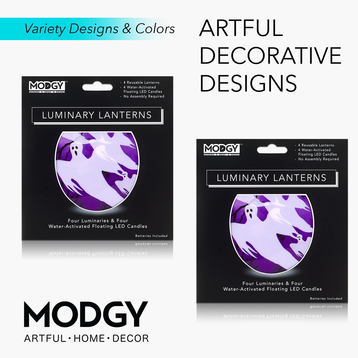 MODGY Luminary Lanterns Candle Holder Decorative Indoor Outdoor Decor, Lanterns for Wedding Centerpiece Decoration Outside Patio, with Flameless Floating LED Candles, Boo! Pack of 2