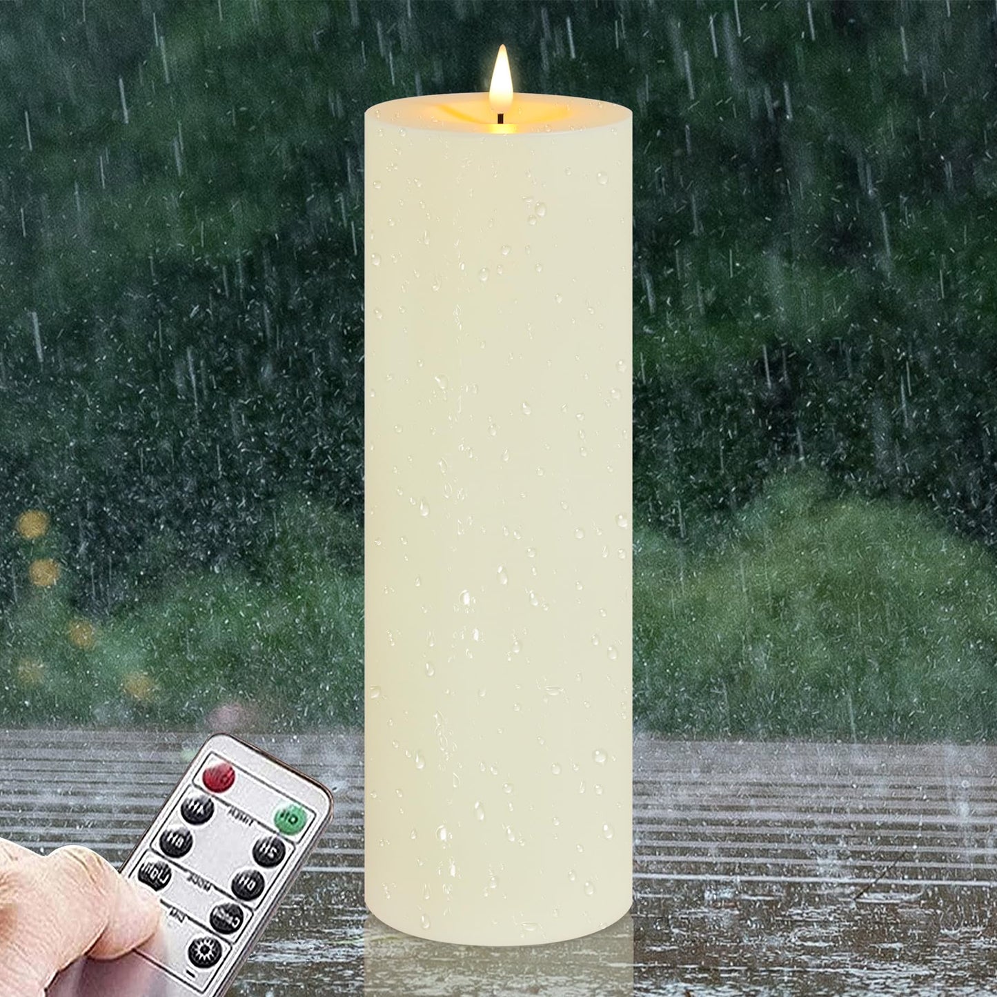 Zevanor 4" x 12" Flameless LED Waterproof Remote Pillar Candle, Timer Battery Operated Flickering Large Plastic Ivory Outdoor Candle (Long Lasting 420 Hours, Pack of 1)