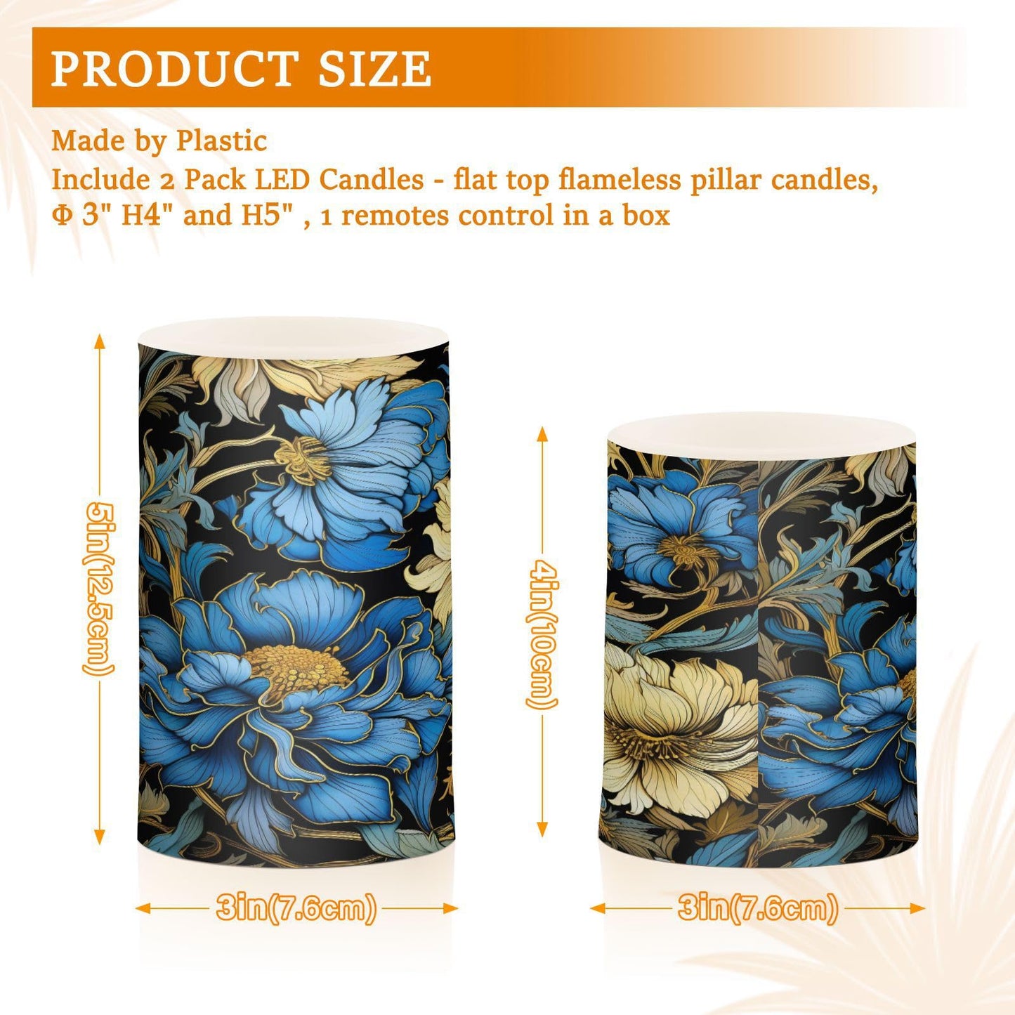 ALAZA Blue Gold Luxury Flowers Flickering Flameless Candles Battery Operated with Remote Timer,Tea Light Candles LED Pillar Votive Candles Set of 2 for Outdoor Indoor Decorations