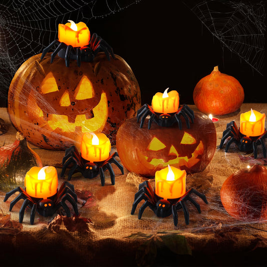 Liomus 12 Packs Halloween Spider Lights,Bright Novelty LED Flameless Spider Candle Tea Lights,Battery Operated Orange Halloween Decor Lights for Halloween Holiday Party Home Spooky Decor