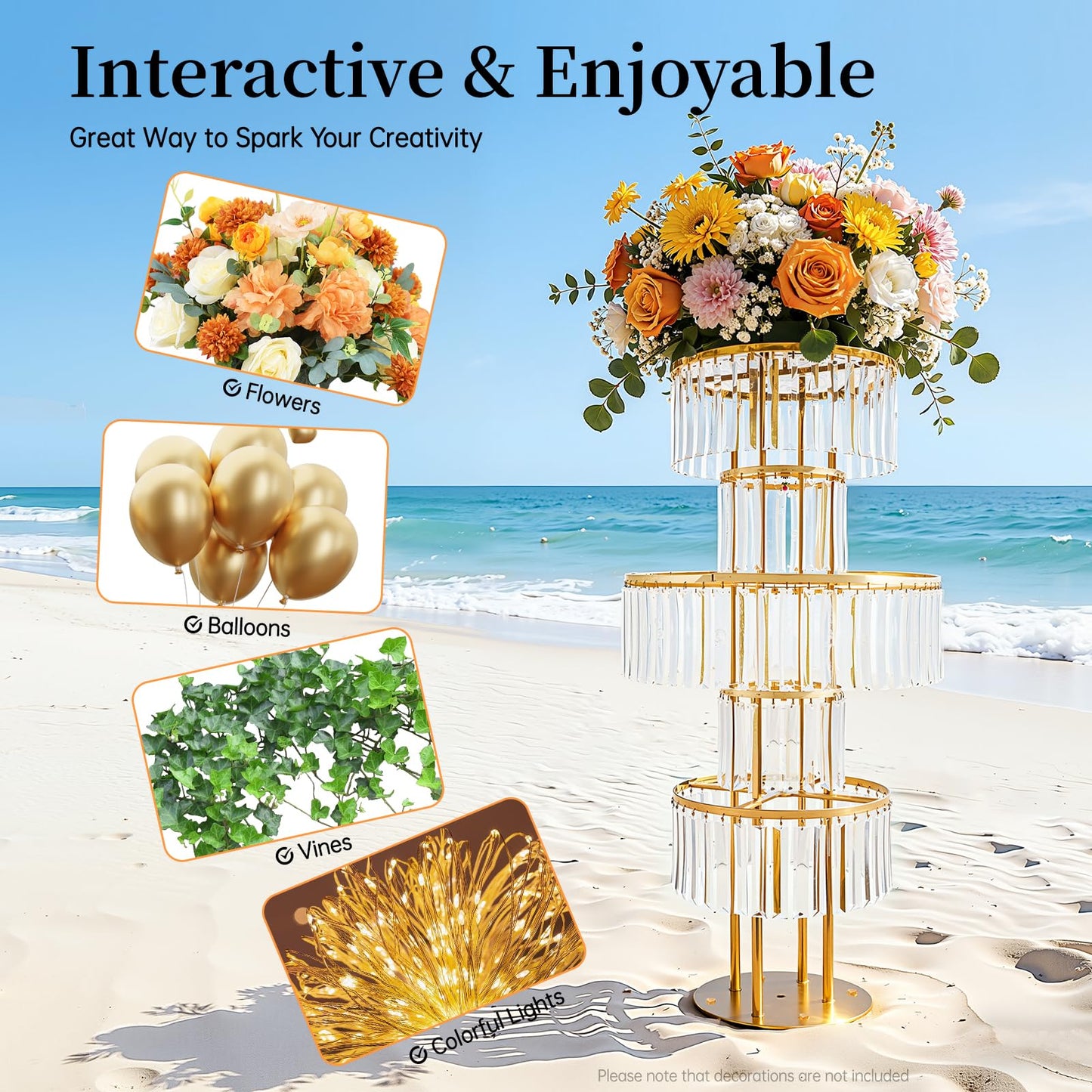 2 PCS Crystal Vases for Centerpieces, 43.3 in Tall Metal Pedestal Stands with Hanging Crystals for Table Chandelier Centerpiece, 5 Tiers Flower Stand for Wedding Reception Party (Gold, Round Base)