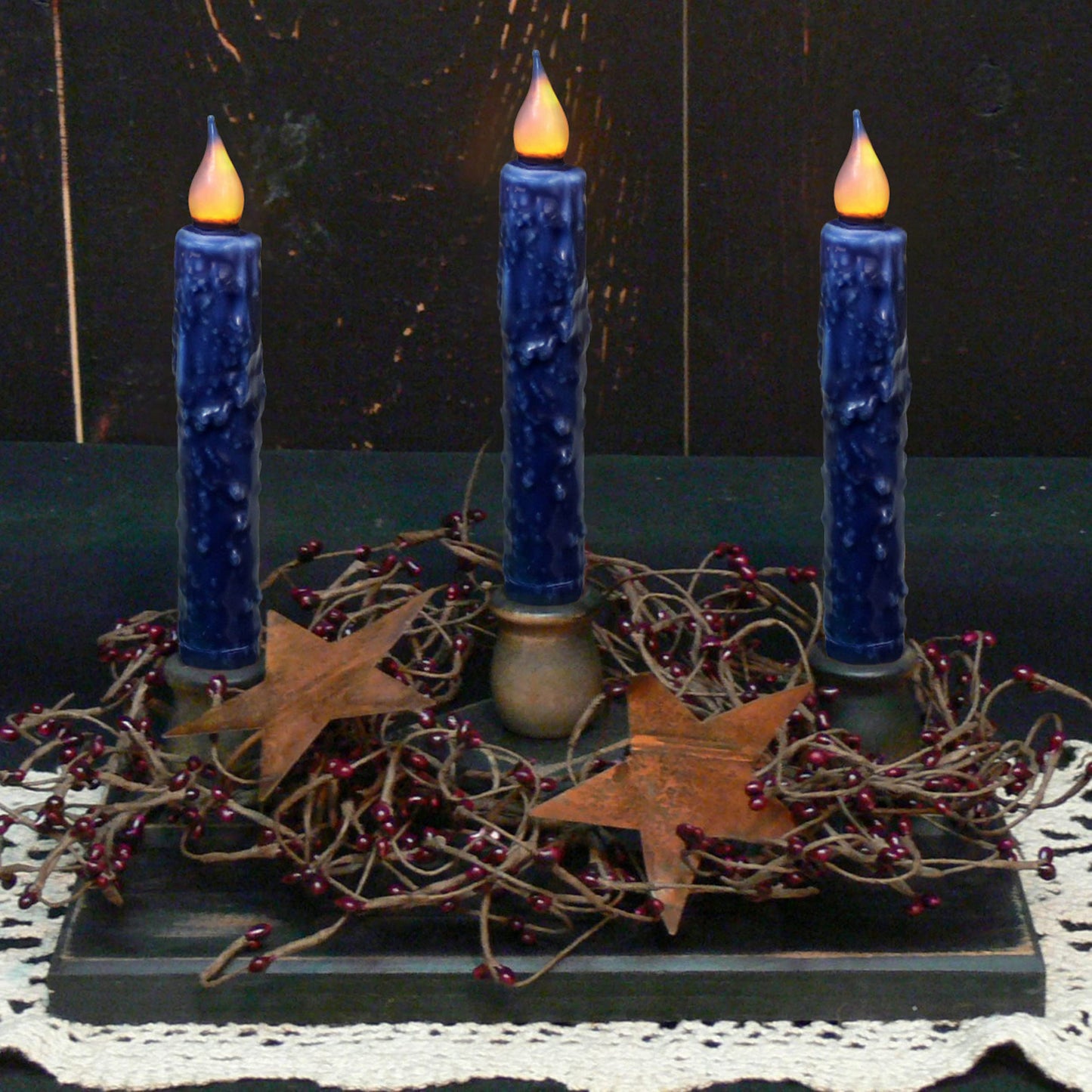 CVHOMEDECO. Real Wax Hand Dipped Battery Operated LED Timer Taper Candles Rustic Primitive Flameless Lights Decor, 6-3/4 Inch, Navy Blue, 2 PCS in a Package
