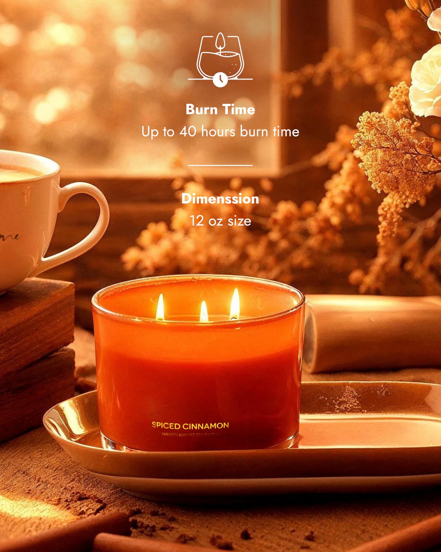 96NORTH Luxury Spiced Cinnamon Candle | Large 3 Wick Jar Candle | Up to 40 Hours Burning Time | 100% Natural Soy Wax | Relaxing Aromatherapy Aesthetic Candles | Housewarming Gift for Men and Women