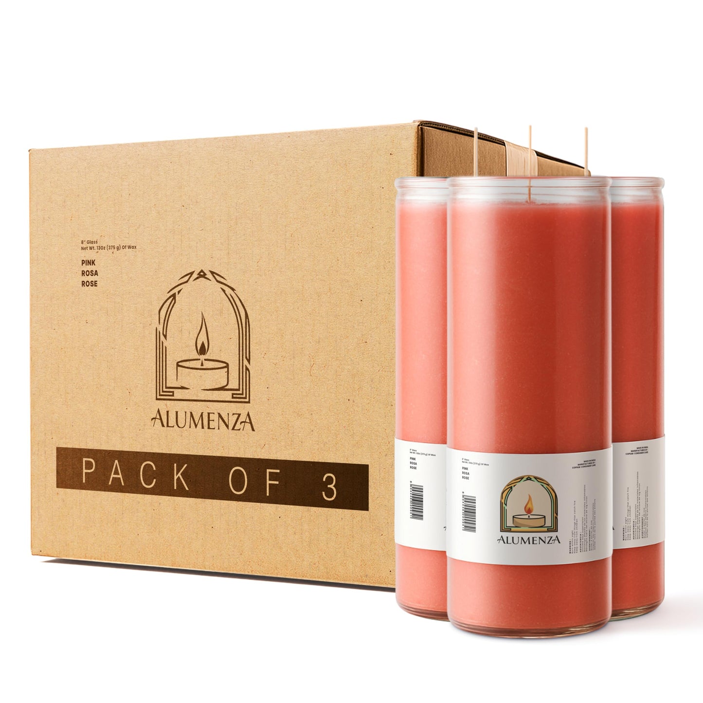 Alumenza 3 Pack Pink 7 Day Candles in Glass Jar – Paraffin Wax, Clean Burning Unscented | Large & Tall Devotional Prayer Pillar Candles for Home, Memorial, Spells, Long Lasting