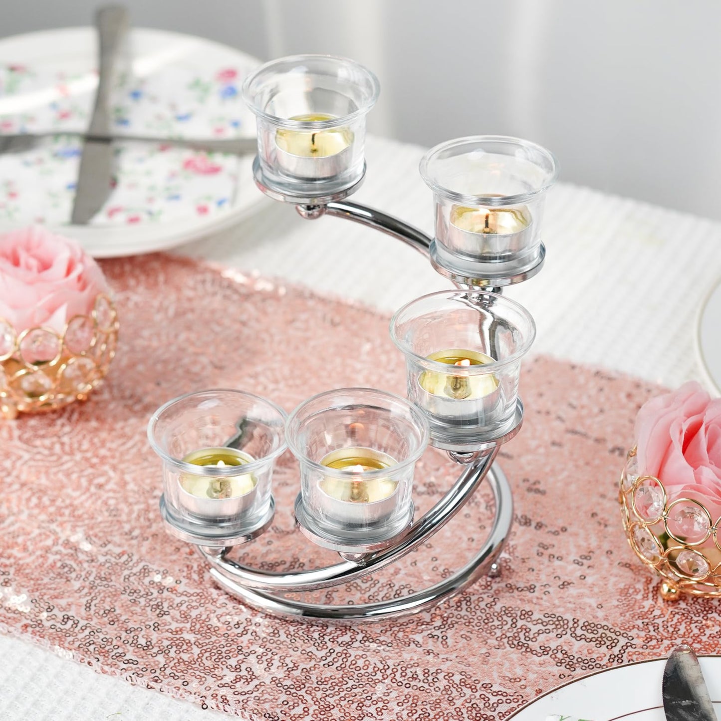 Kolnlala 1Pc Silver 5-arm Metal & Glass Tea Light Candle Holders for Table Centerpiece, Glass Votive Tealight Holders/Candelabra Candlestick Holders for Wedding,Party, Anniversary,Christmas