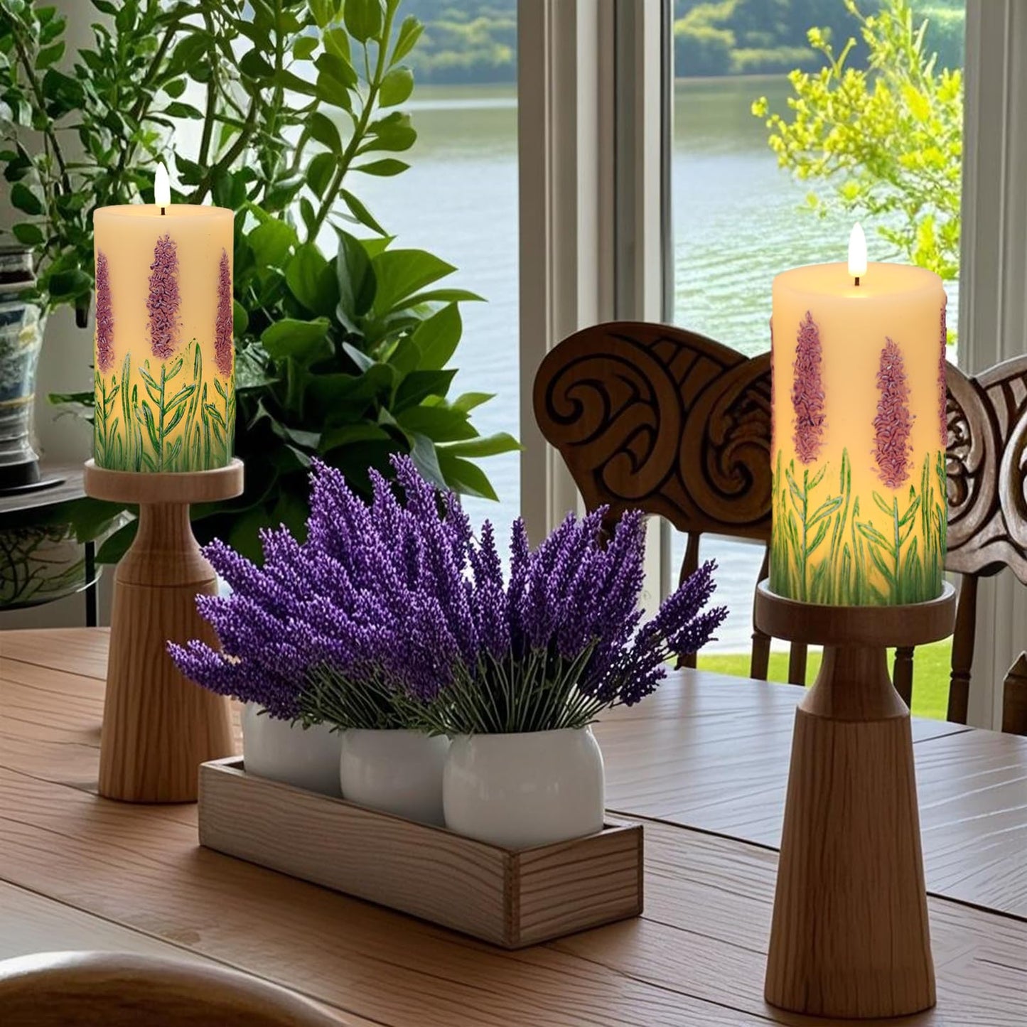 Eldnacele Lavender Flameless Candles with 6 Hour Timer, Battery Operated Hand Painted 3D Wick Flickering Real Wax LED Pillar Candles for Spring Dinner Christmas Holiday Decor((2Pcs, D3×H6.5)