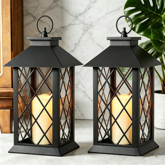 JOIONE Lanterns Decorative Indoor, 2 Packs 14" Battery-Powered Waterproof Black LED Candle Lanterns with Timer for Patio & Outdoor, Vintage Hanging Lantern for Home Decorations, Diamond