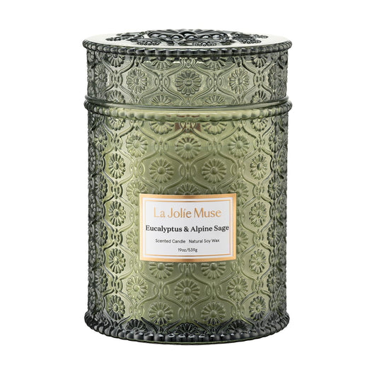 LA JOLIE MUSE Eucalyptus & Alpine Sage | Eucalyptus, Lavender & Sage Candle for Home Cleansing | 19 oz Wooden Wick | Natural Soy Wax | 90 Hours Burn | Candle for Relaxation