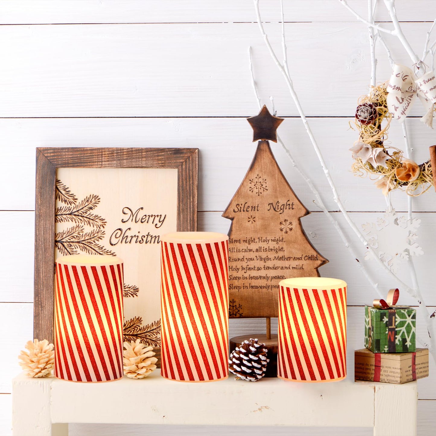 DRomance Christmas Flameless Candles Battery Operated with 6 Hour Timer, Real Wax Flickering LED Pillar Candles Candy Cane Decals Dinner Party Holiday Indoor Table Decor(3 Pack, 3" D x 4", 5", 6" H)