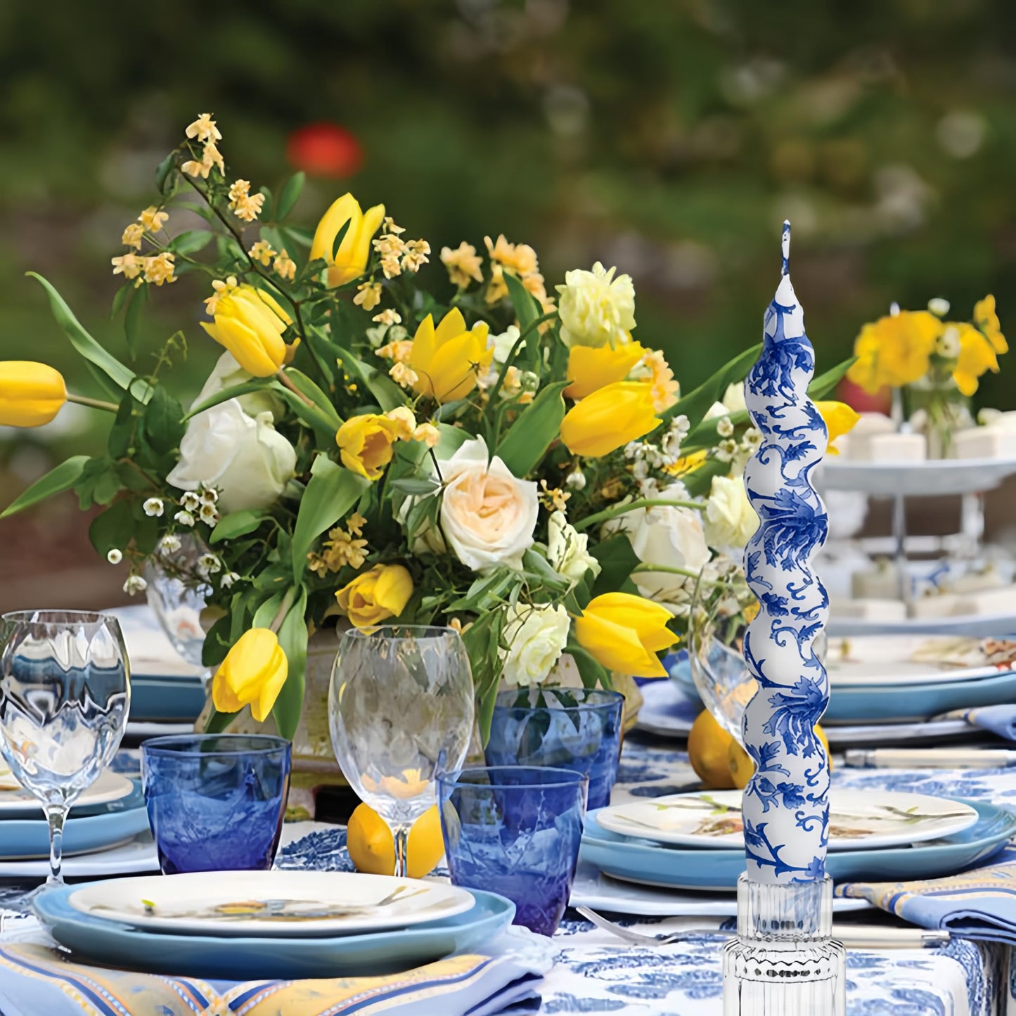 NJAO HOO Floral Taper Candles 7.5 in Spiral Candlesticks Hand Printed Blue and White Candlestick Twisted Taper Candle for Home Garden Decor 2 Pack