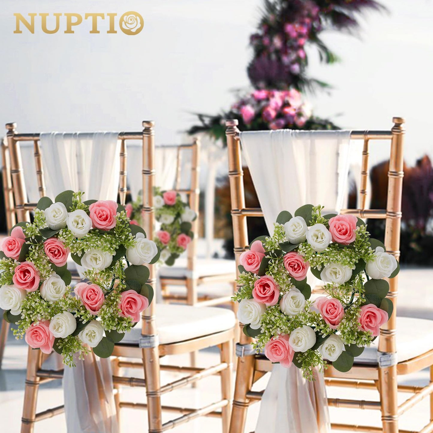 NUPTIO Flower Candle Rings for Centerpieces: 13.4 Inch Artificial Rose Wreath for Wedding Party Christmas - Pink & White Wreaths for Spring Summer Front Door Porch Table Decor 2 Pcs