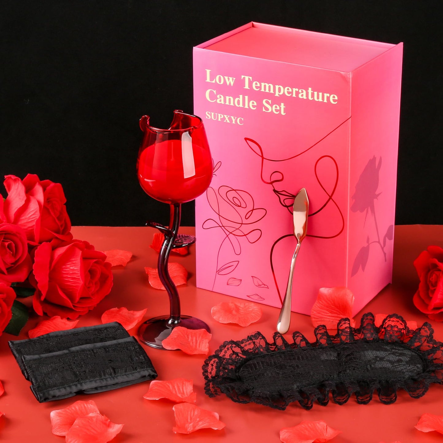 SUPXYC Low Temperature Candle Set, Romantic Valentine's Day Candles, Rose Flower Wine Glasses Candle, Valentine's Day Scented Candle Gift with Scraper Ribbon Roses Petals (Red Rose)