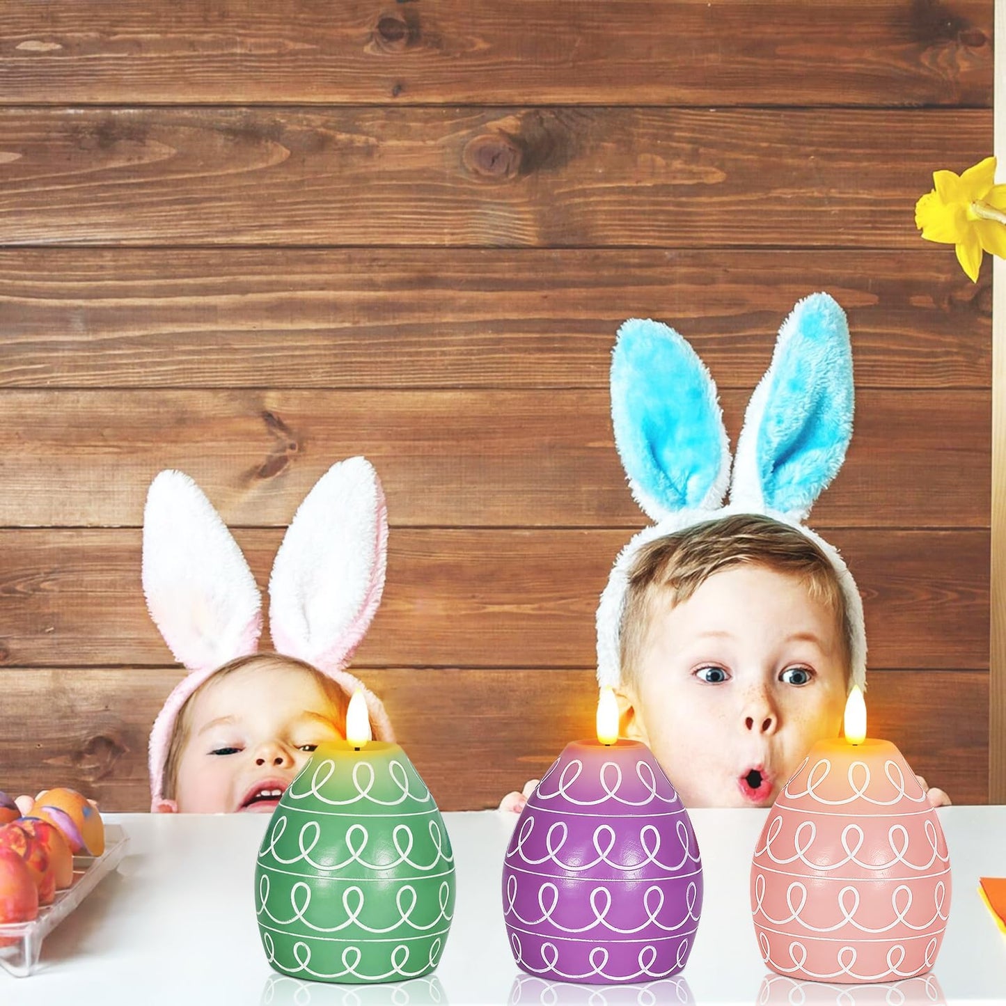 Leorate 3PCS Easter Egg Flameless Candles – 5.2" Battery Operated LED Egg Candles with White Wave Pattern, Green Purple Pink Real Wax Finish, Flickering Flame for Easter Table Centerpiece Spring Home