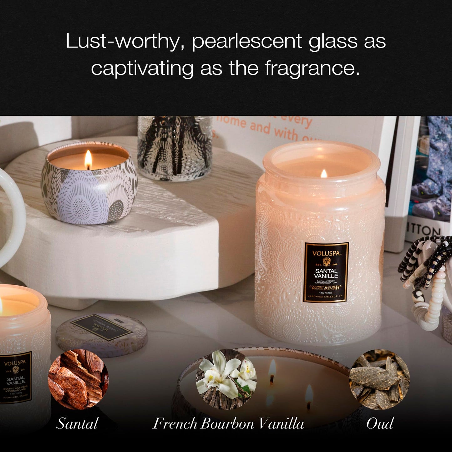 Voluspa Santal Vanille Candle, 18 oz, Coconut Wax Blend, Scented Candles for Home, 100 Hour Burn Time, Candle Jars