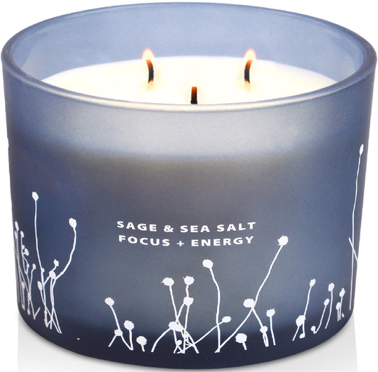 White Sage Sea Salt 3 Wick Candle - Large Soy Scented Candle 14.5 oz - Sage Candle for Cleansing House - Aromatherapy Energy Cleansing Candle for Home, Stress Relief, Women & Men
