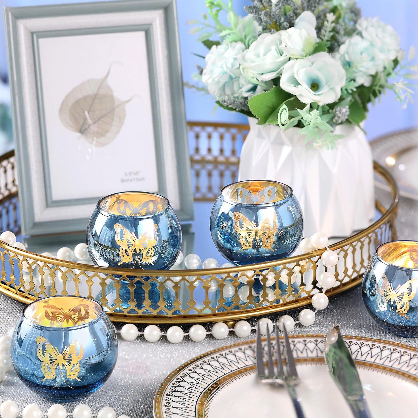 Blue Votive Candle Holders Set, 12 PCS Tea Lights Candle Holder Decorative Bulk with Butterfly Pattern, Candle Holders for Wedding, Blue Bridal Shower, Parties, and Holiday Decorations