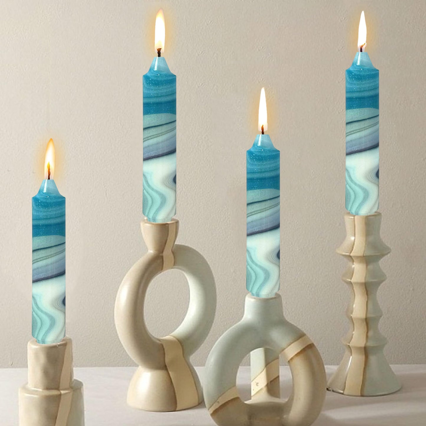 7 inch Short Candle Blue Quicksand Print Candle 4 Pack Handmade Unscented Taper Candles Printed Candlestick Smokeless Tapered Candles for Home Dinner Wedding Holiday