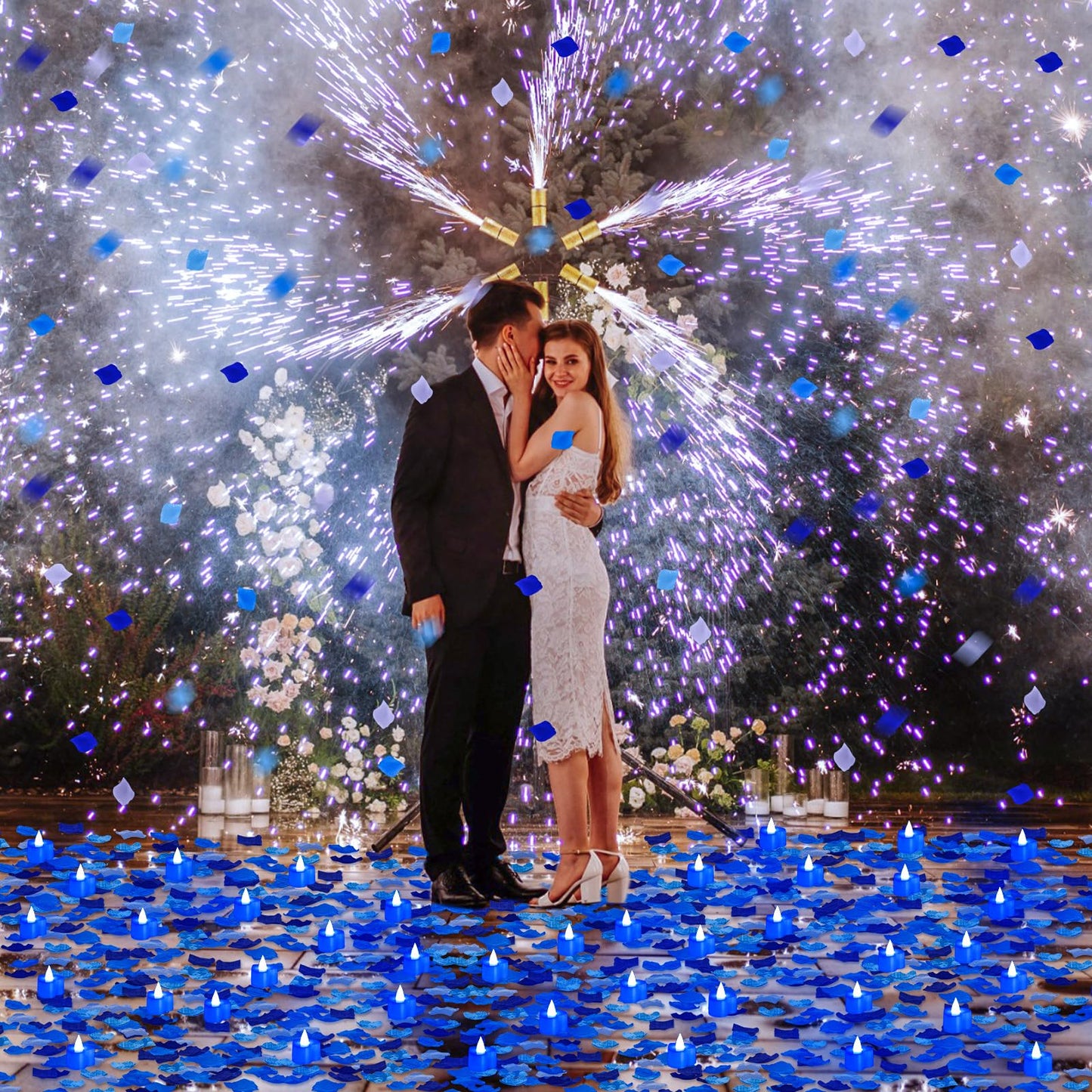 Coume 6000 Pieces Artificial Rose Petal 72 Pieces LED Tealights Candle, Romantic Decorations Special Night Rose Petal Heart Candle for Valentines Wedding Anniversary Proposal Decor(Cute Blue Light)