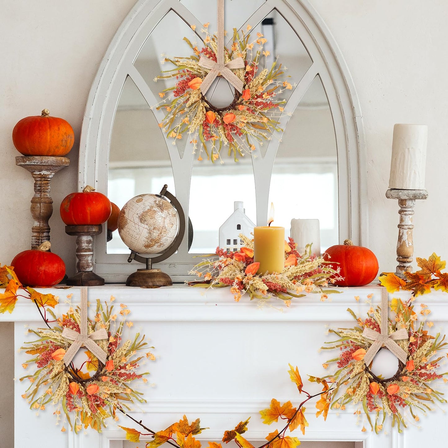 8 Pcs Fall Candle Rings 9 inch Thanksgiving Autumn Wreaths with Flowers for Tables Artificial Farmhouse Candle Rings Wreath for Front Door Porch Wall Window Decorations