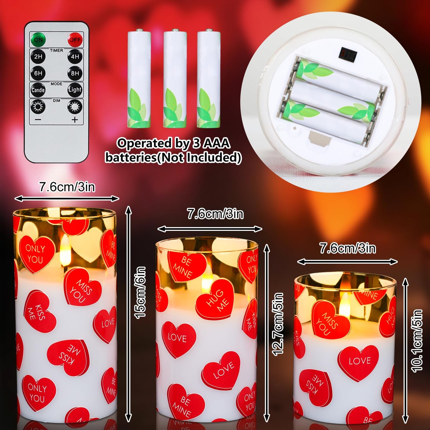 Lebaley 3PCS Valentine Flameless Candles with Remote,Valentine Candles,Love Heart Pillar Candle,Battery Operated LED Candles, Valentines Day Candles for Wedding Anniversary Romantic Night