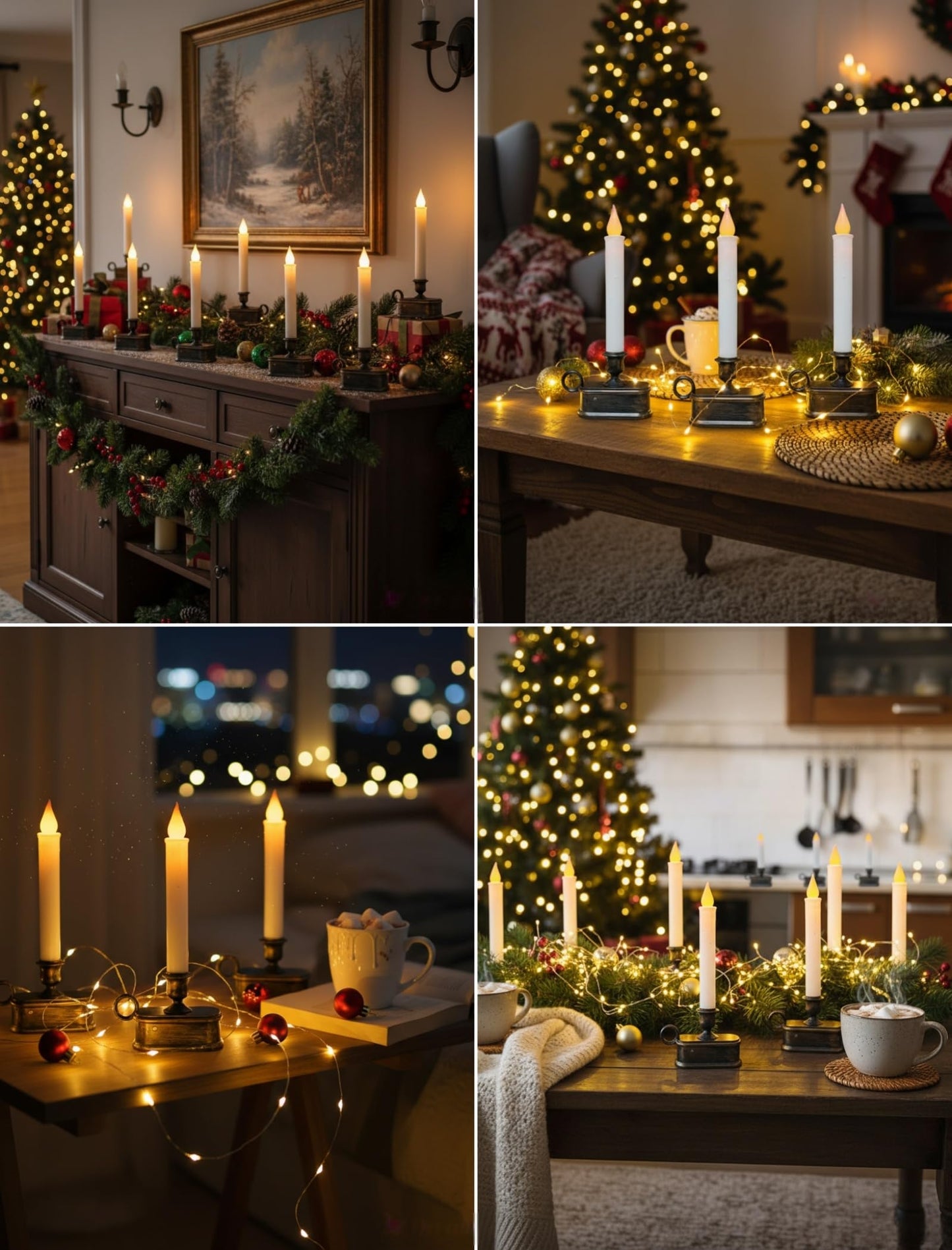4 Pcs Christmas Window Candles with LED Electric Candles Flickering Lights, 10 Inch Battery Operated Candle with Sensor Dusk to Dawn for Table Party Christmas Decoration,Bronze Base