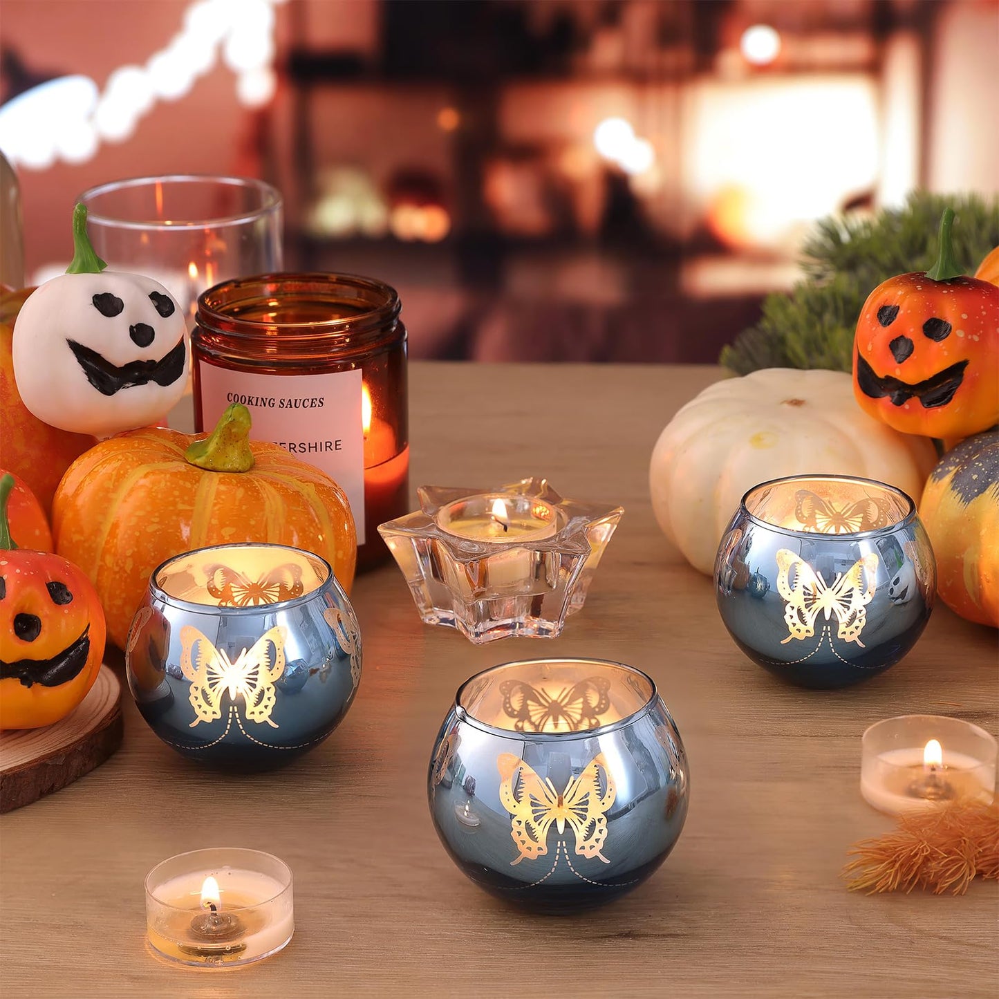 Blue Votive Candle Holders Set, 12 PCS Tea Lights Candle Holder Decorative Bulk with Butterfly Pattern, Candle Holders for Wedding, Blue Bridal Shower, Parties, and Holiday Decorations