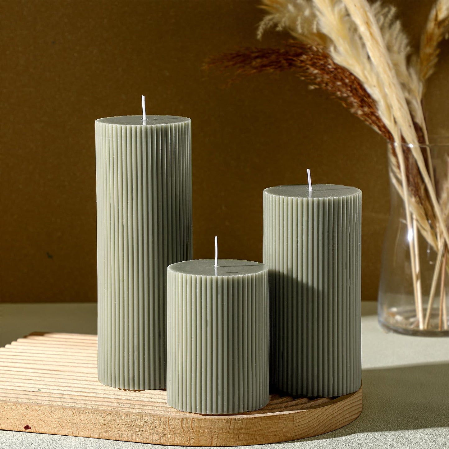Conelist Ribbed Pillar Candles Set of 3, Width 3" High 4" 6" 8" Large Soy Wax Orchids Scented Pillar Candles Aesthetic Ribbed Modern Home Decor for Bathroom Living Room(Bean Green)