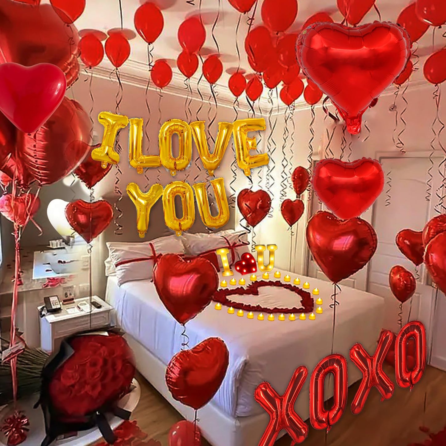 fulasiteu 6347pcs Romantic Rose Petals & Candles Set - 'I LOVE YOU' Letters, 6000 Rose Petals, 48 Heart Candles, Balloons & Decorations for Anniversary, Valentine's Day, Proposal