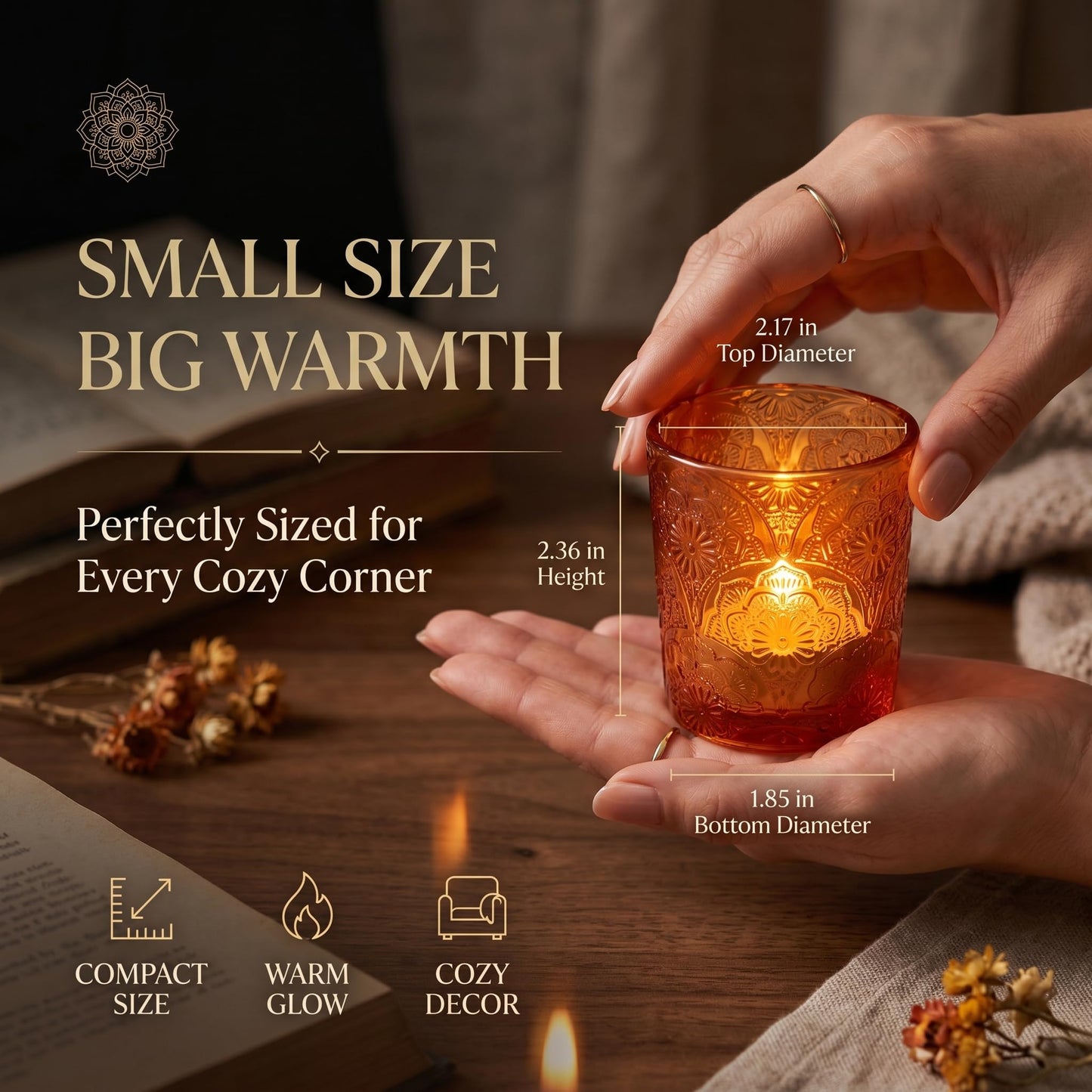 12 Pack Mandala Embossed Glass Candle Holders – Votive Tealight Holders with Patent Design, Decorative Embossed Glass Cups for Wedding Centerpieces, Parties, and Home Décor (Pumpkin Spice)