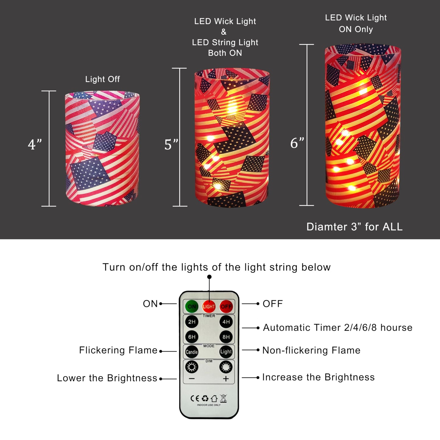 Patriotic Flickering Flameless Candles Stars and Stripes US Flag, Embedded Star String Lights, Battery Operated Acrylic LED Pillar Candles with 11-Key Remote and Timer for Home Decoration, 3 Pack
