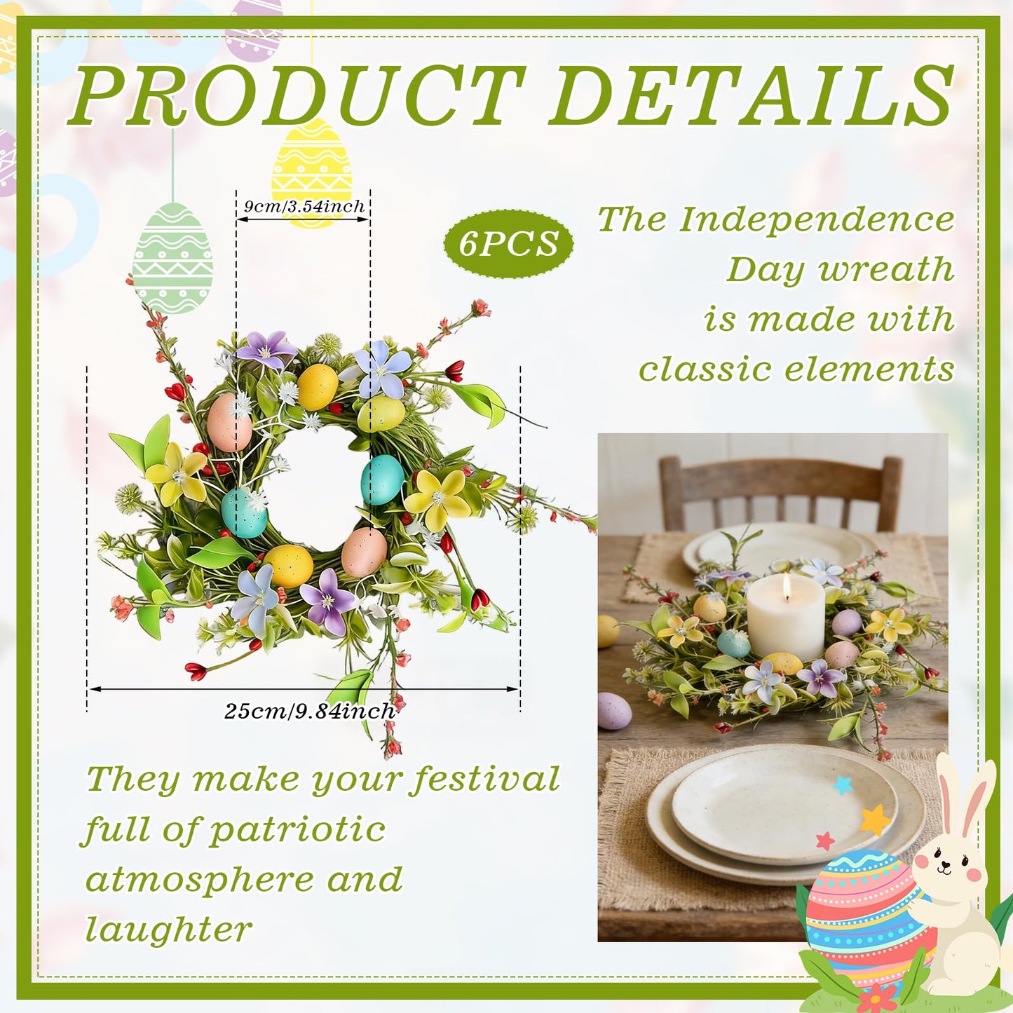 6 Pcs Easter Small Candle Rings Wreaths Mini Pillar Candle Holder Wreath with Eggs and Flowers Artificial Spring Pink Wreath for Home Kitchen Front Door Window Porch Wall Table Cnterpieces