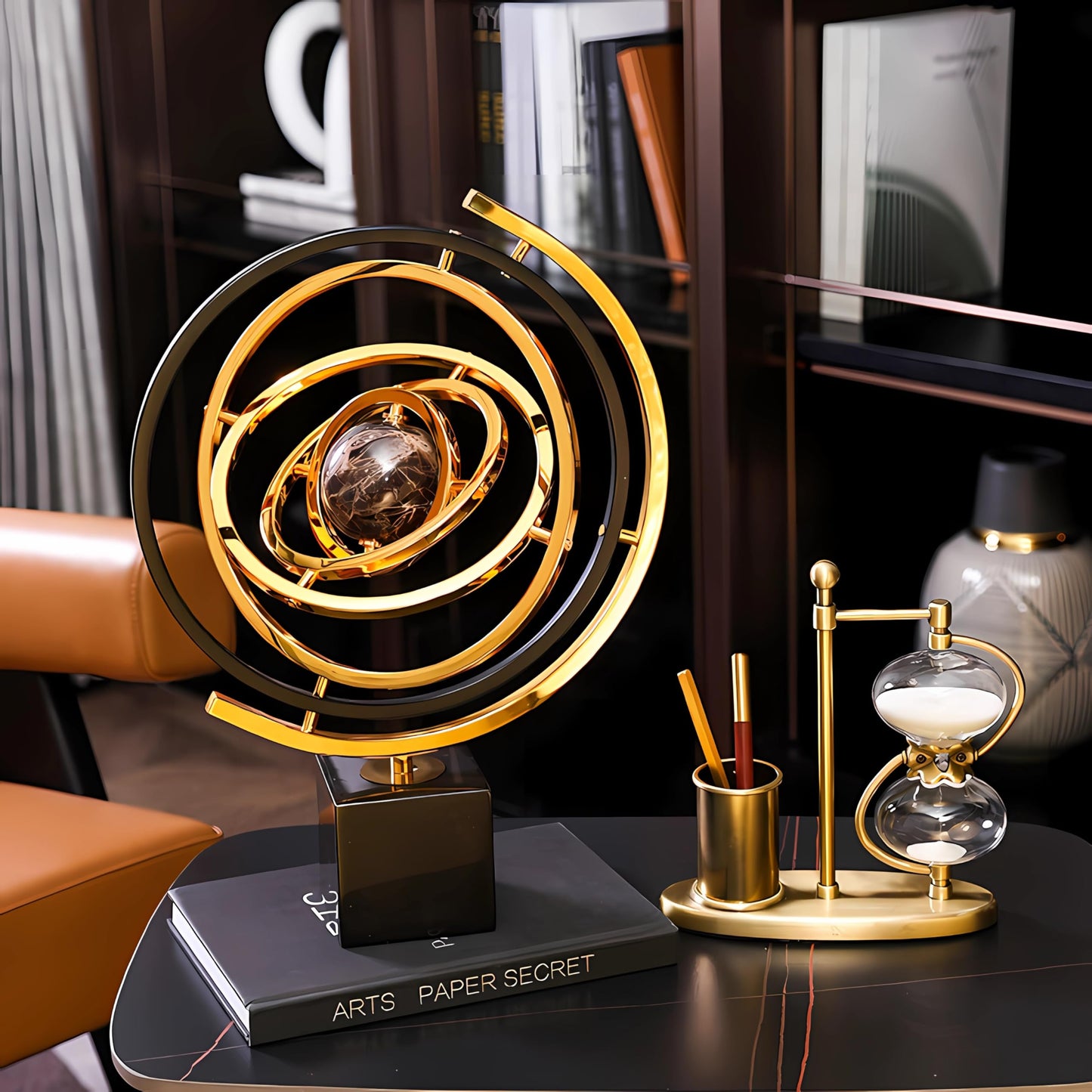 BG-DRGNING Gold Globe Abstract Art Decor, Sculptures with Rectangle Stands, Desk Decor - Black & Gold (XL, Globe)