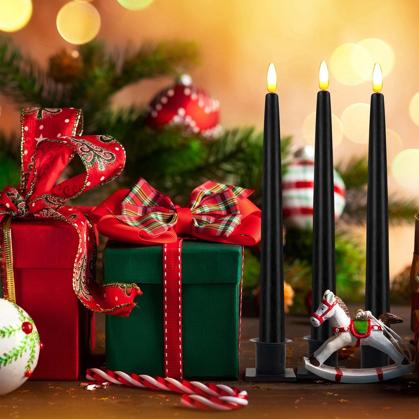 CVHOMEDECO. Flameless Taper Candles with 10-Key Remote, Battery Operated Led Flickering 3D Wick Window Candles Real Wax Finished Home Christmas Party Decor 0.78 x 11 Inch, Pack of 3, Black