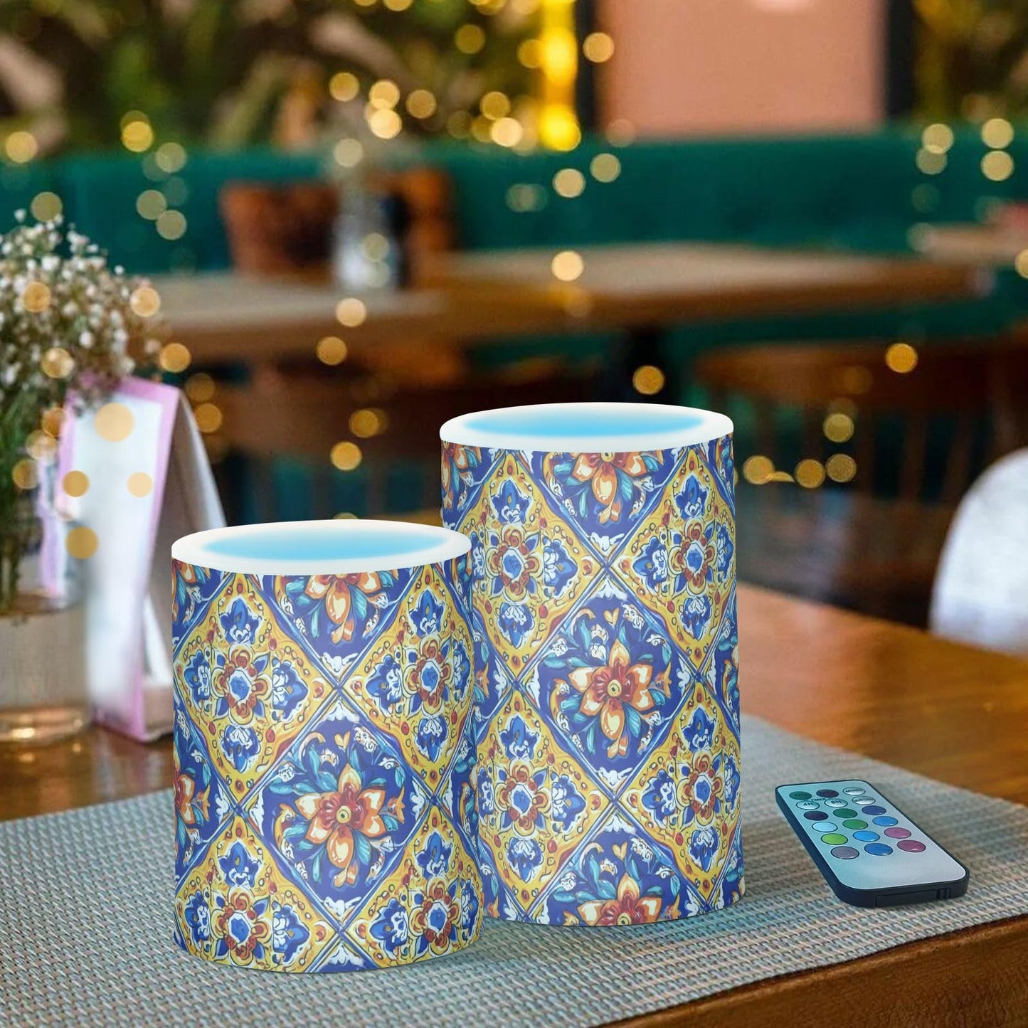 Flameless Candles Battery Operated Vintage Mexican Talavera Ceramic Tiles Flickering Led Pillar Candles With Remote Control Ethnic Flowers Pottery Colour Changing Warm Light Candles For Wedding Hall