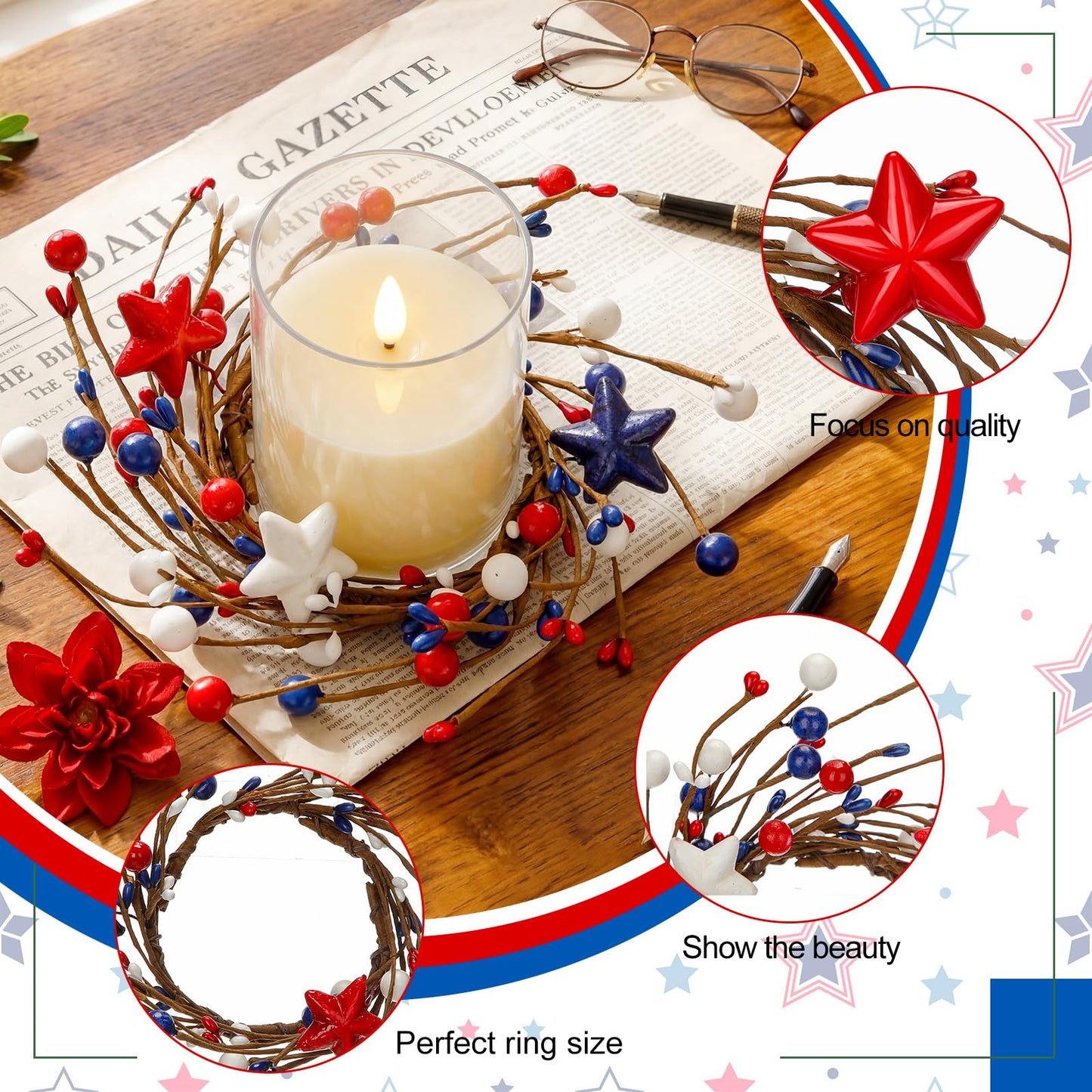 Yunlly 4 Pcs Independence Day Candle Wreaths Rings Five-Pointed Star and Berry Candle Holder Rings with LED Flameless Candles, 9.5" Wide for Wedding Windows 4th of July Table Centerpieces