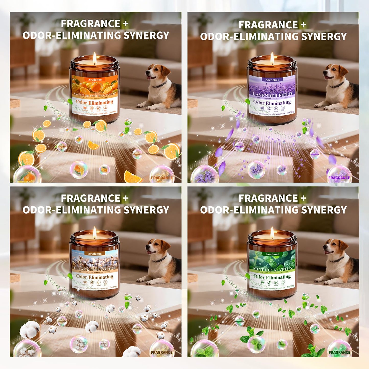 4 Pack Odor Eliminating Candles Set - Eliminates 95% of Pet, Smoke, Food & Other Smells - Hand Poured Non-Toxic Soy Candle, Air Freshing Scent of Lavender/Orange/Mint/Cotton - Gifts Set for Women
