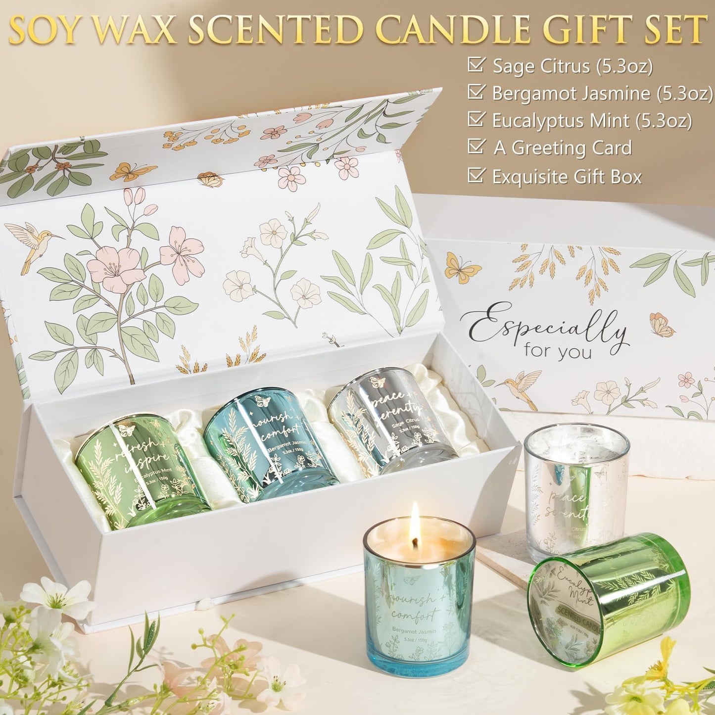 Scented Candles for Women, 3 Pack Candle Sets Soy Candles for Home Scented Holiday Votive Candle Gifts Set, Mothers Day Birthday Gifts for Women Mom Friend -Eucalyptus Mint/Bergamot Jasmin/Sage Citrus
