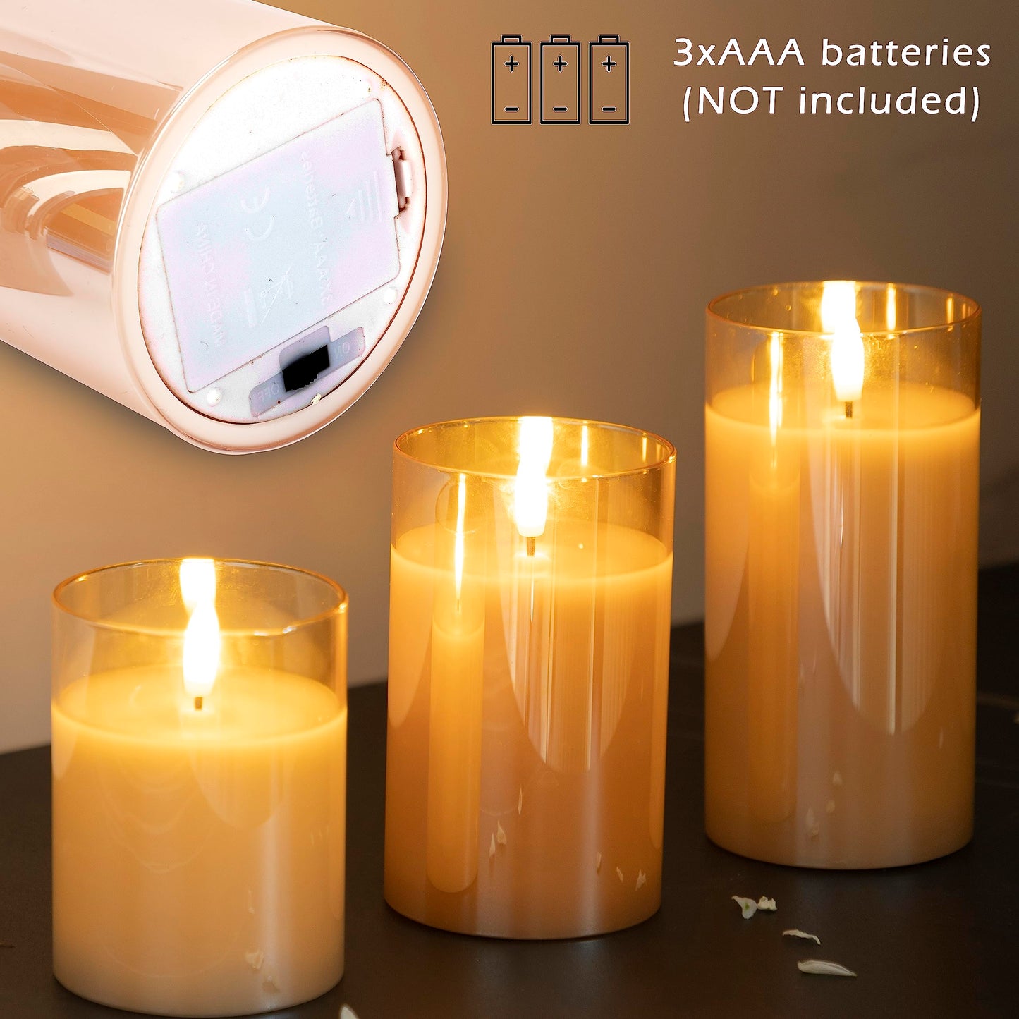 LUSHARBOR LUSHABOR Flameless Candles with Remote, 3 Pack Glass Battery Operated Candles with Timer, Real Wax Glass LED Candles Flickering Wedding Home Party Christmas D3 H4 5" 6" Gold