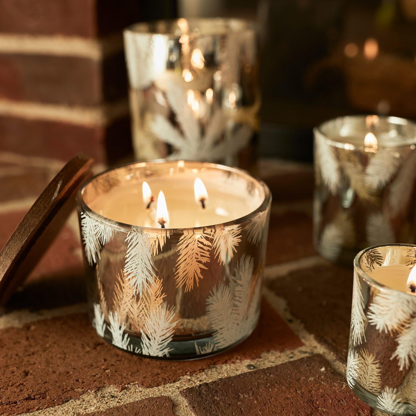 Thymes Frasier Fir Candles - Statement Collection - Silver with Pine Needle Design - Scented Candles for Home Decor - Notes of Siberian Fir Needles, Cedarwood & Sandalwood - 3 Wick (12.5 oz)