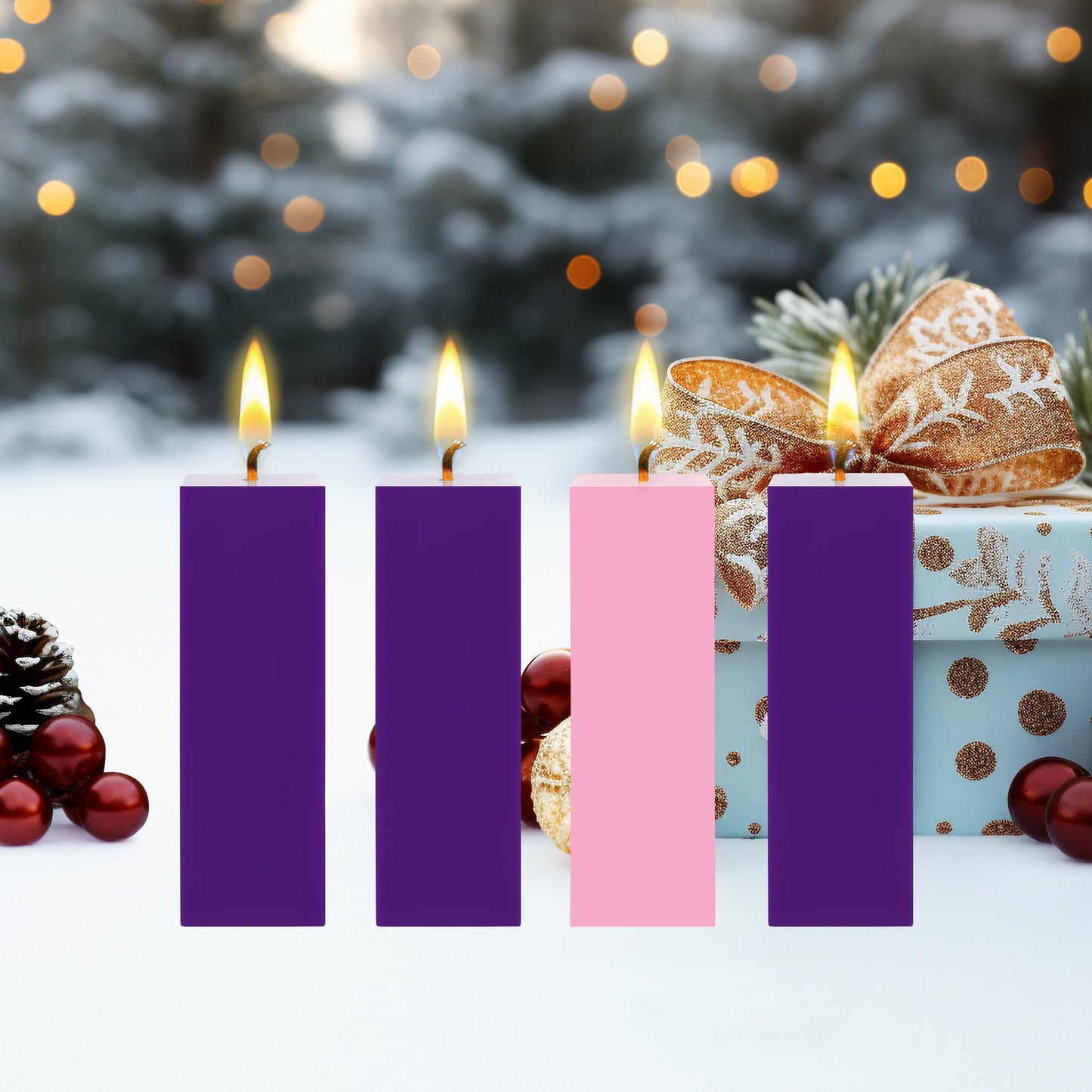 Mega Candles 4 pcs Unscented Christmas Advent Candles Set, Hand Poured Premium Wax Square Pillar Candle 2 Inch x 6 Inch, Holidays, Occasions, Events, Festivitiess, Devotional, Church, Wreath, Gifts