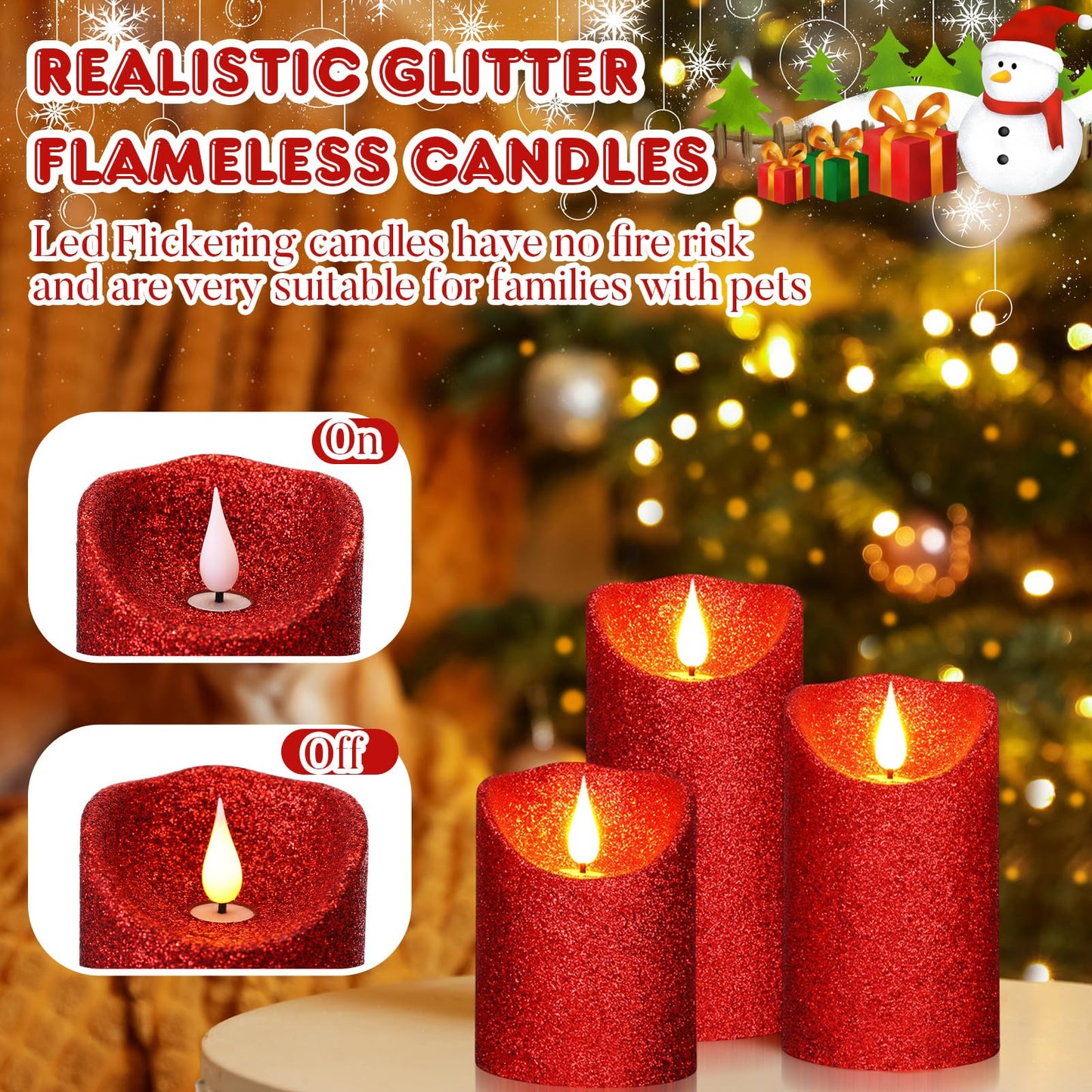 Retisee Set of 3 Valentines Glitter Flameless Candles, 4" 5" 6" Burgundy Red Operated Battery Pillar Candles Flickering Real Wax LED Candle with Remote and Timer for Valentines Home Table Centerpiece