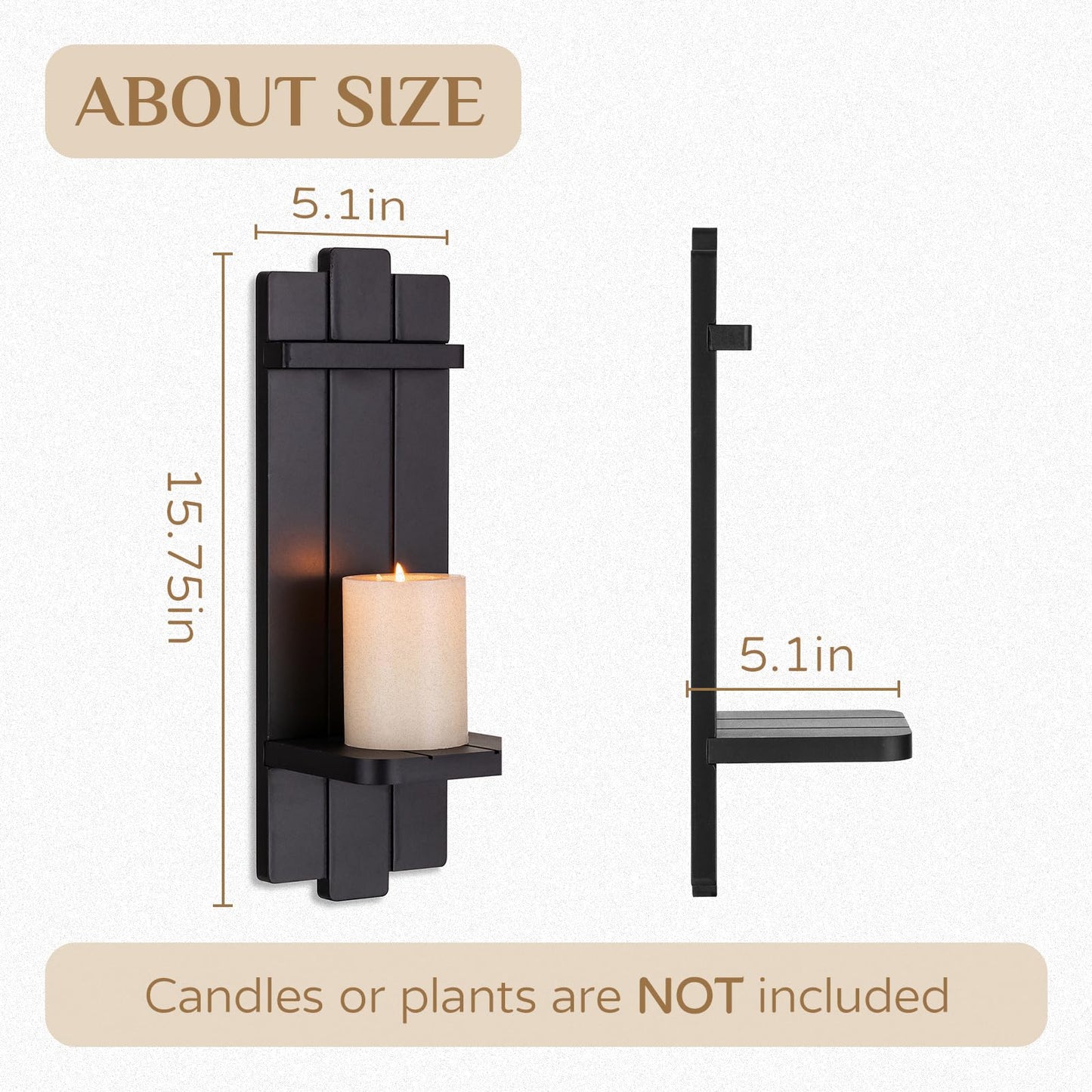 Candle Sconces Black Wall Decor Set of 2 - Wood Wall Candle Holders Set of Two for Small Plants Pillar Candles Tealight - Gothic Distressed Decor for Living Room