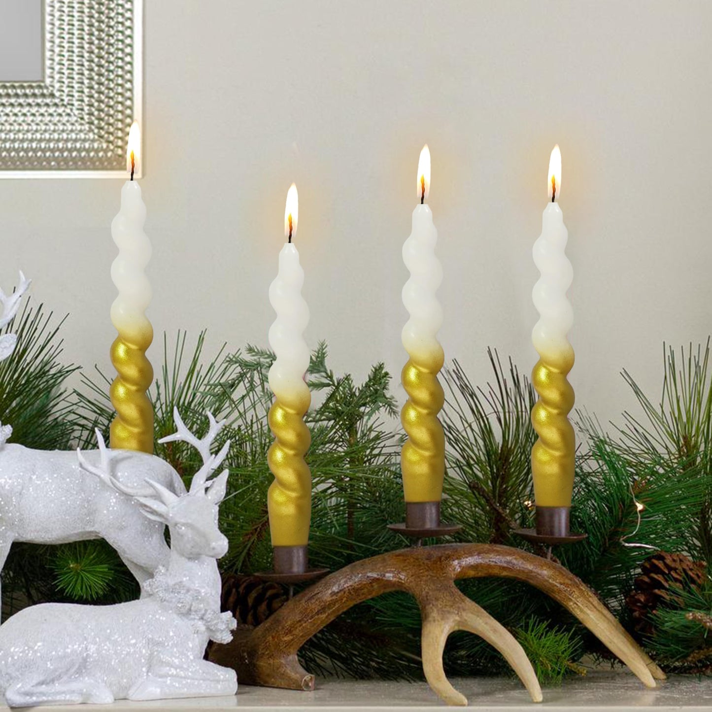 Christmas Spiral Candles Gold Taper Candles -7.5 in Unscented Candlestick for Winter Gift Holiday Christmas Home Decoration Candles, 4 Pack
