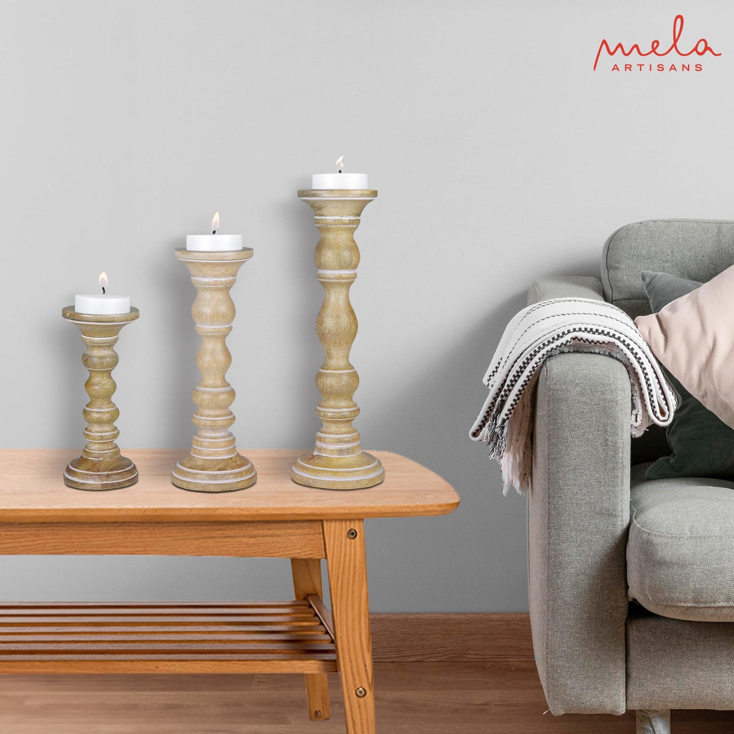 “Willow” Candle Holders for Pillar Candles (Whitewash, Set of 3) - Mangowood Candle Stand - Farmhouse Wooden Candle Holders Pillar -Candle Holder Decor for Fireplace or Table Centerpiece -9”, 12”, 15”