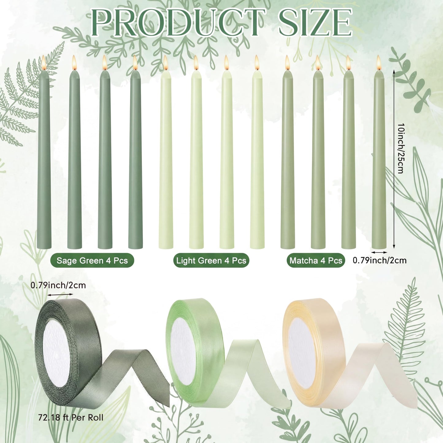 Windkream 12 Pcs Sage Green Series Taper Candles with 3 Rolls of Ribbon 10 Inch Candle, Candlestick Decor for Baby Shower, Home, Wedding, Summer, Outdoor Dinner Holiday Party Decor