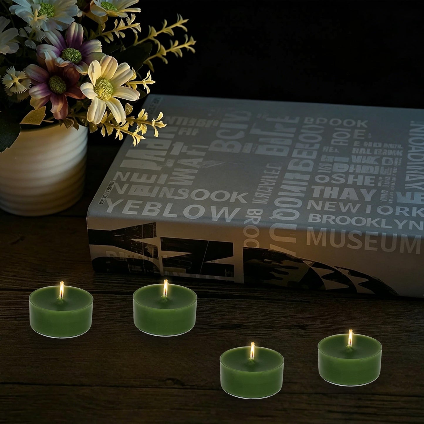 Green Tea Candles Tea Lights Smokeless Cedar Scent Tealight Candles Handmade Tealights Set of 24 Long Burning for Wedding Meditation Dinner Home Decor