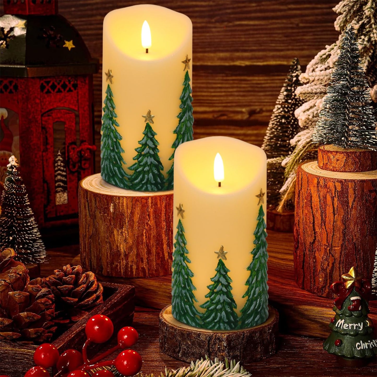 Lasumora Christmas Tree LED Candles with 6H Timer, flameless Candles with Flickering Flame, Waxy Pillar 2 Pack Flickering Star Decor for Fall Christmas Decor (3 inches x 5.7 inches)